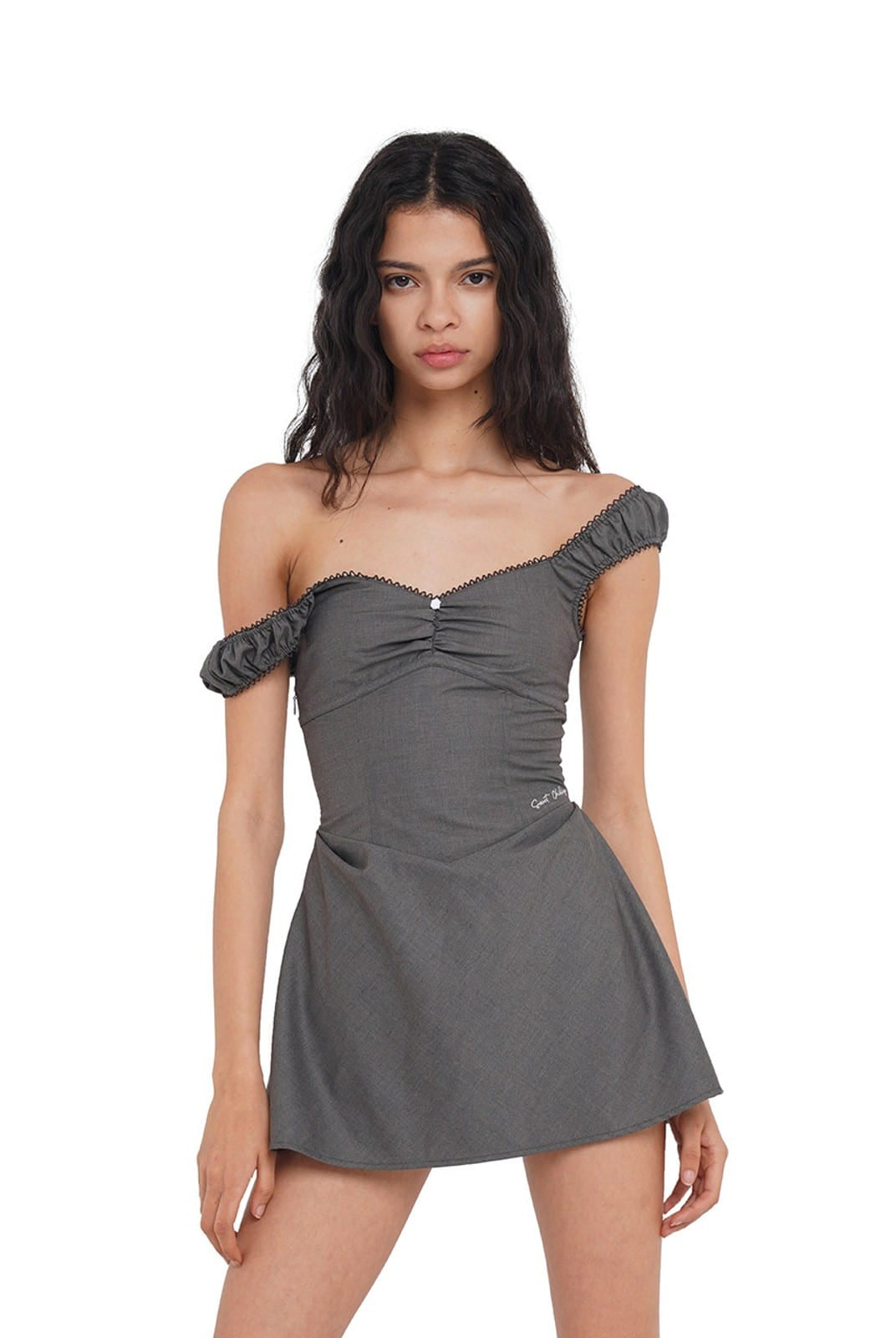 SweetChilling Off the Shoulder Corset Mini Dress in Gray - On Female Model