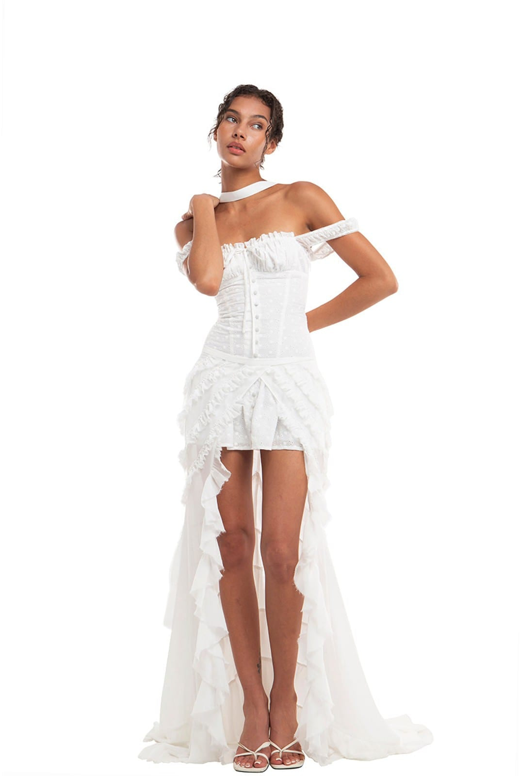 SweetChilling Eyelet Cotton Off Shoulder Mini Dress in White - On Female Model