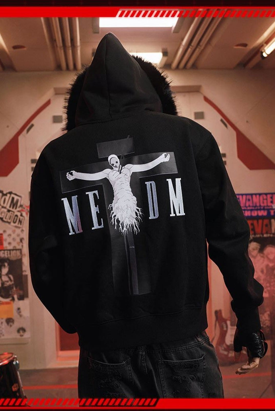 MEDM Faux Fur Trimmed Graphic Zip Hoodie in Black - On Model