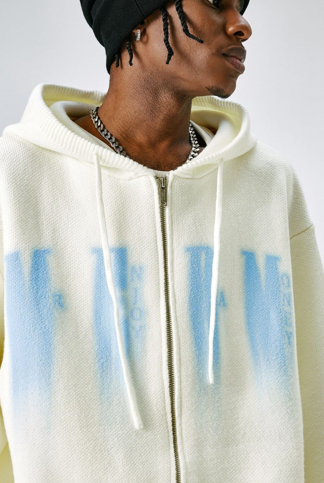 MEDM Zip Up Hooded Knit Cardigan in White - On Male Model