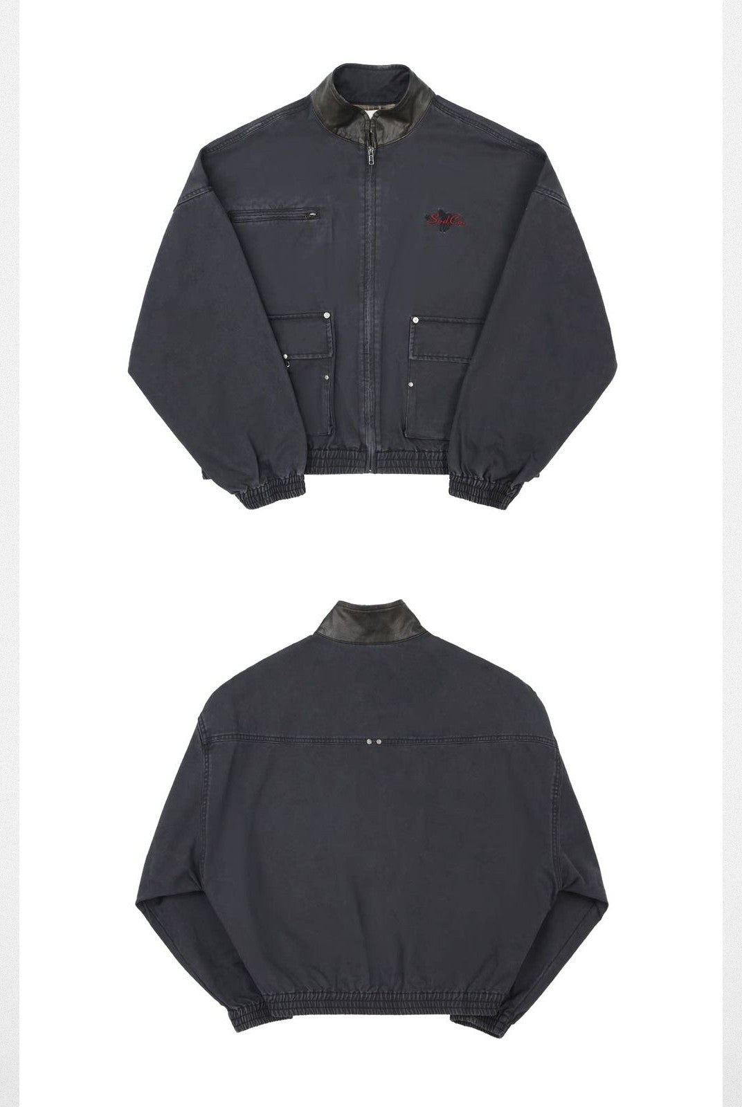 SOD Distressed Leather Collar Work Jacket in Blue
