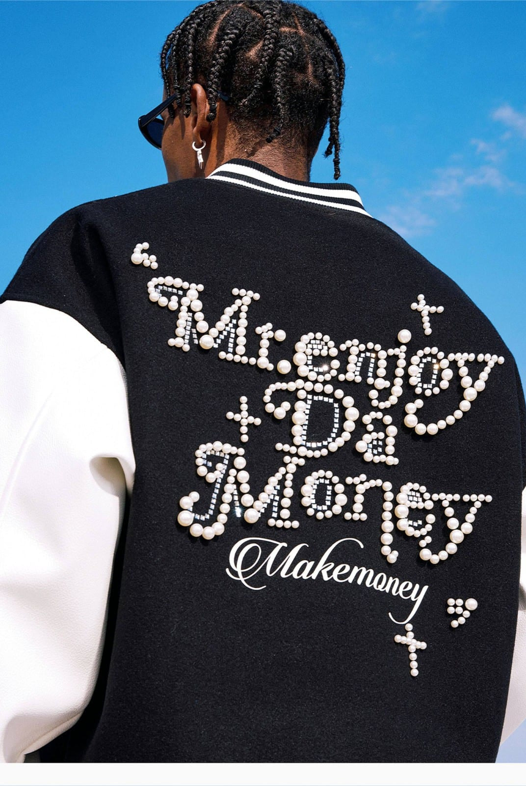 MEDM Pearl Embellished Varsity Jacket in Black - On Model