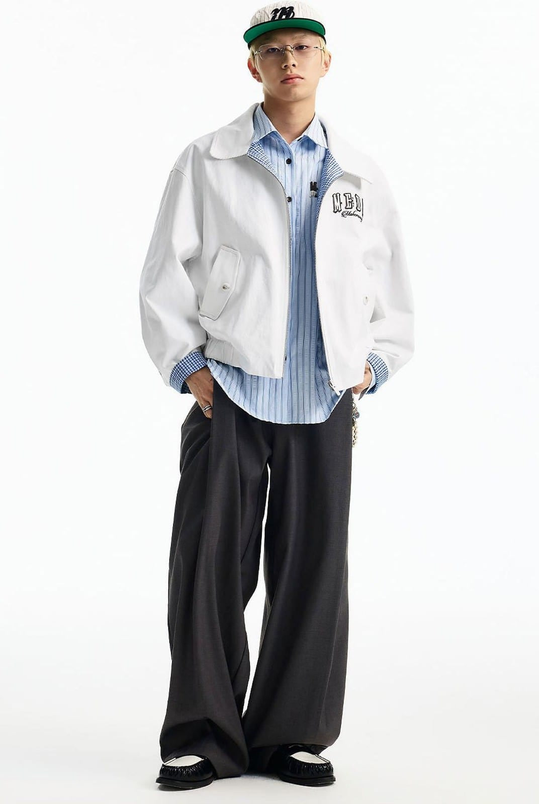 MEDM Reversible Cotton Zip Up Barn Jacket in White - On Male Model