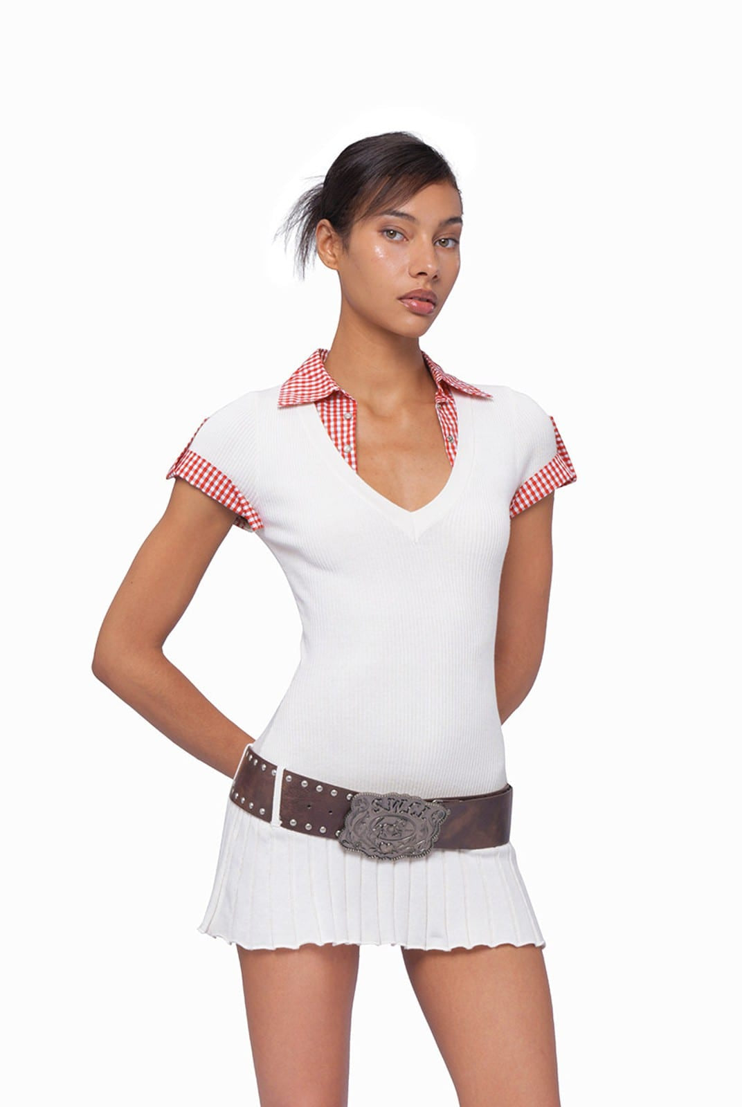 SweetChilling Mock Two Piece Cotton Dress with Belt in Black - On Female Model