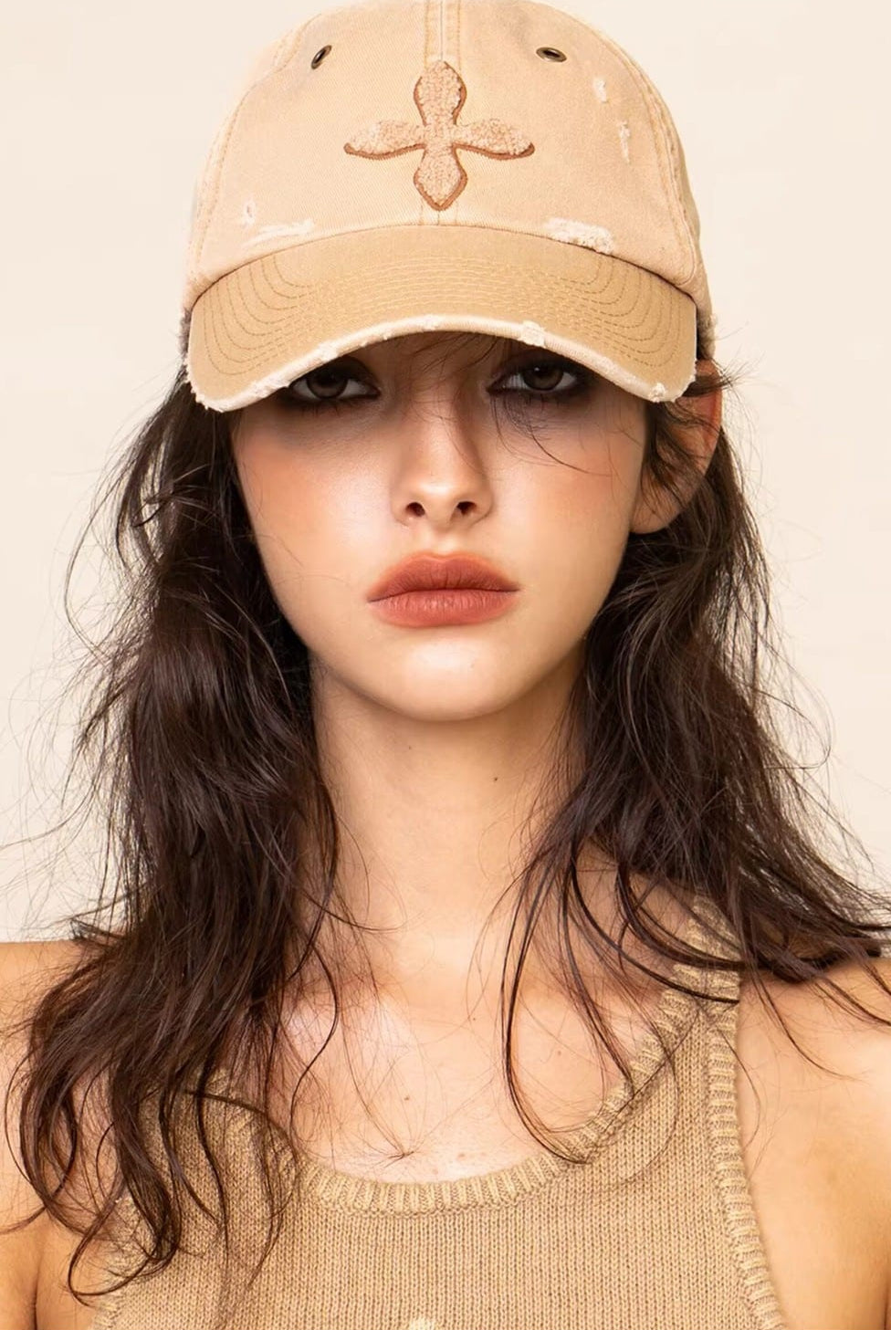 SMFK Distressed Cross Embroidered Baseball Cap in Beige - On Female Model