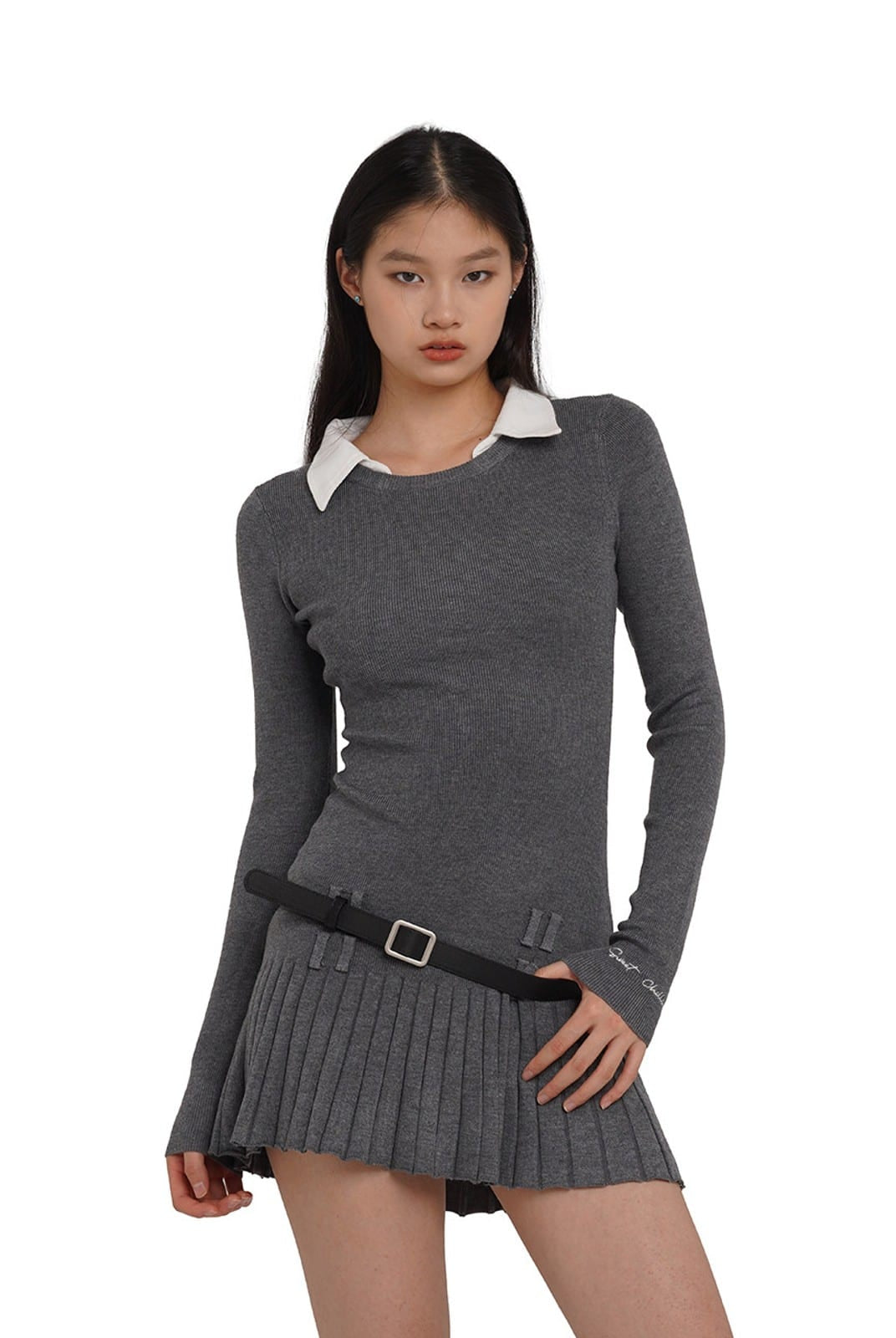 SweetChilling Layered Look Pleated Dress with Belt in Light Gray - On Female Model