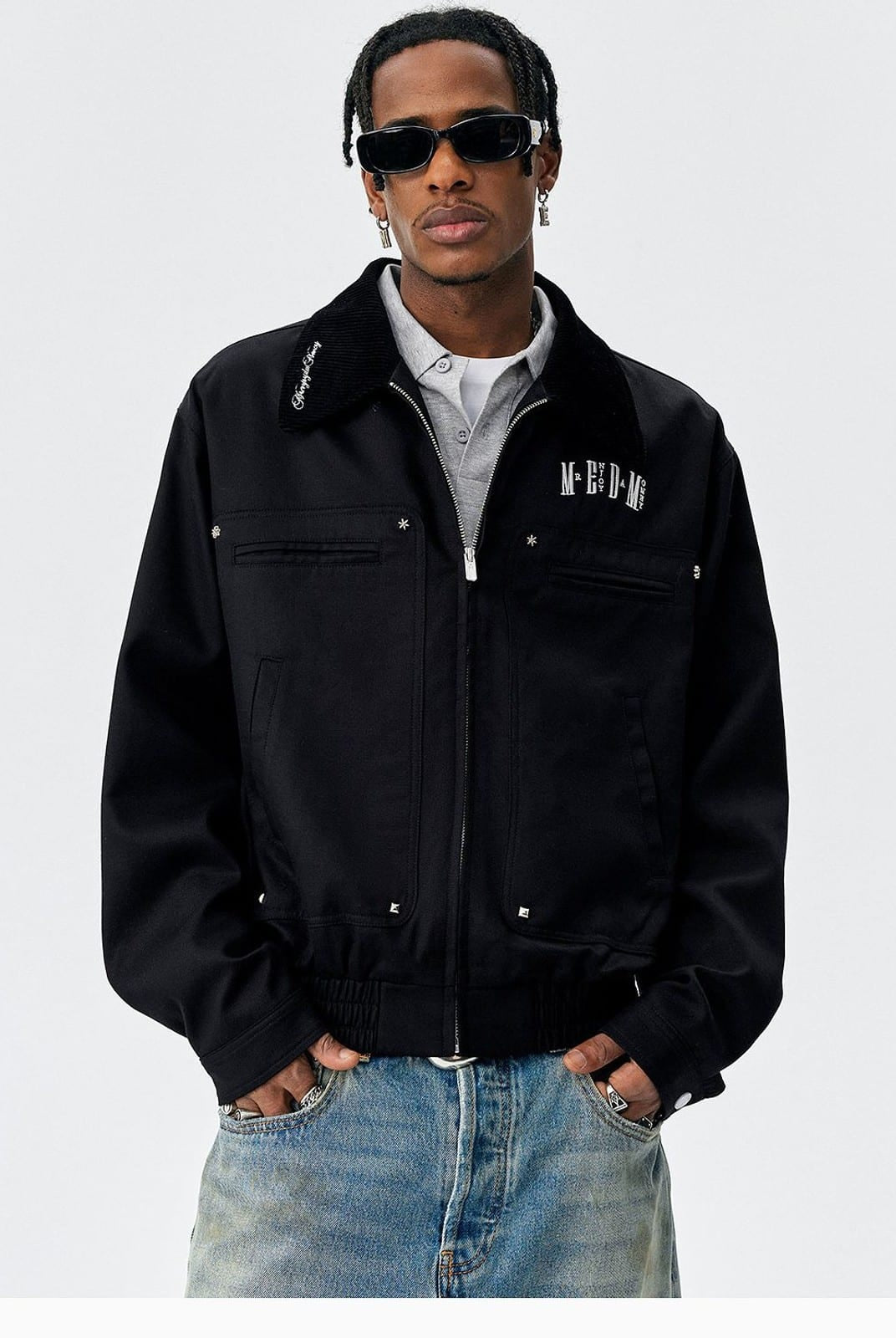 MEDM Embroidered Harrington Jacket in Black - On Male Model