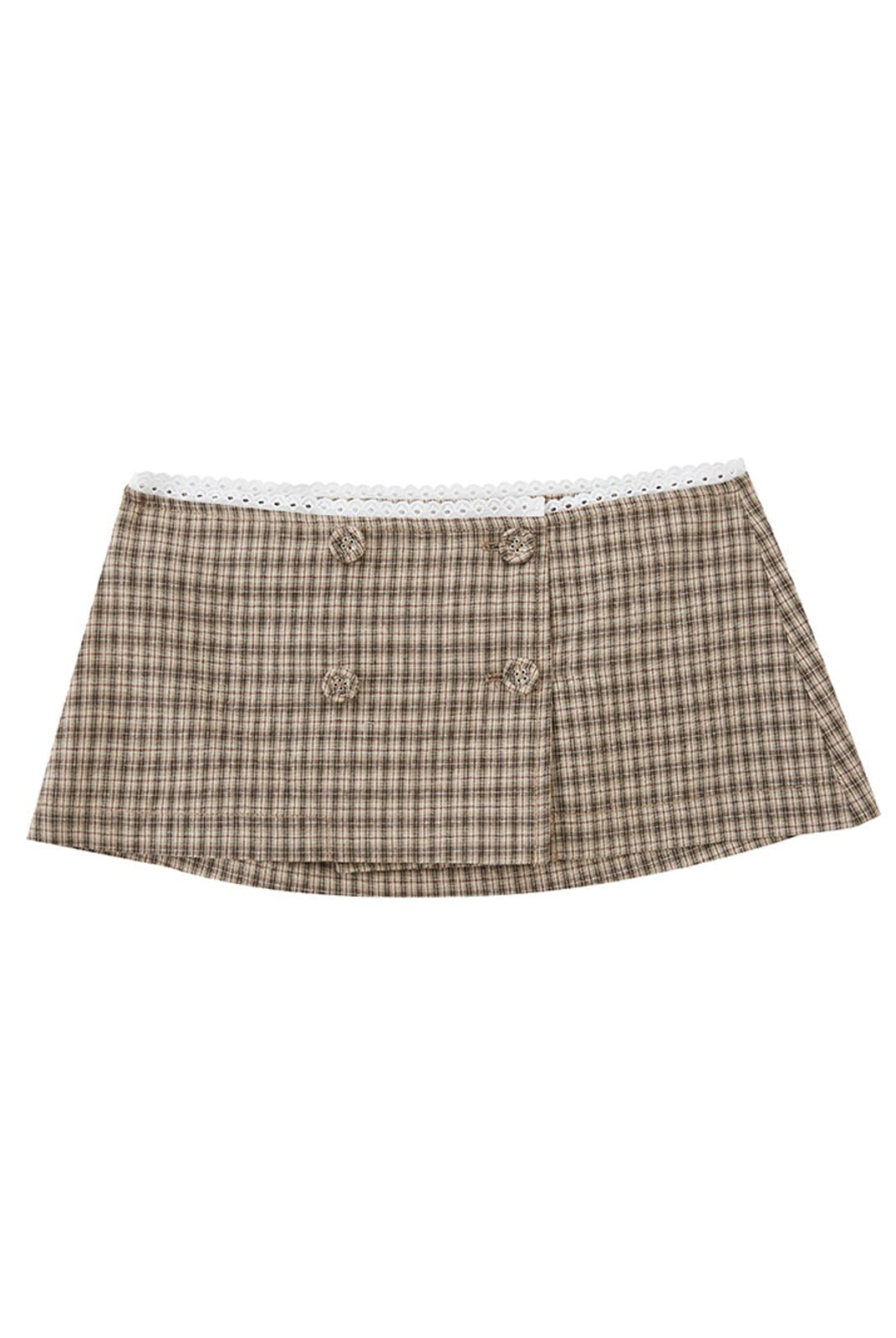 SweetChilling Plaid Lace Trim Double Breasted Shorts in Brown