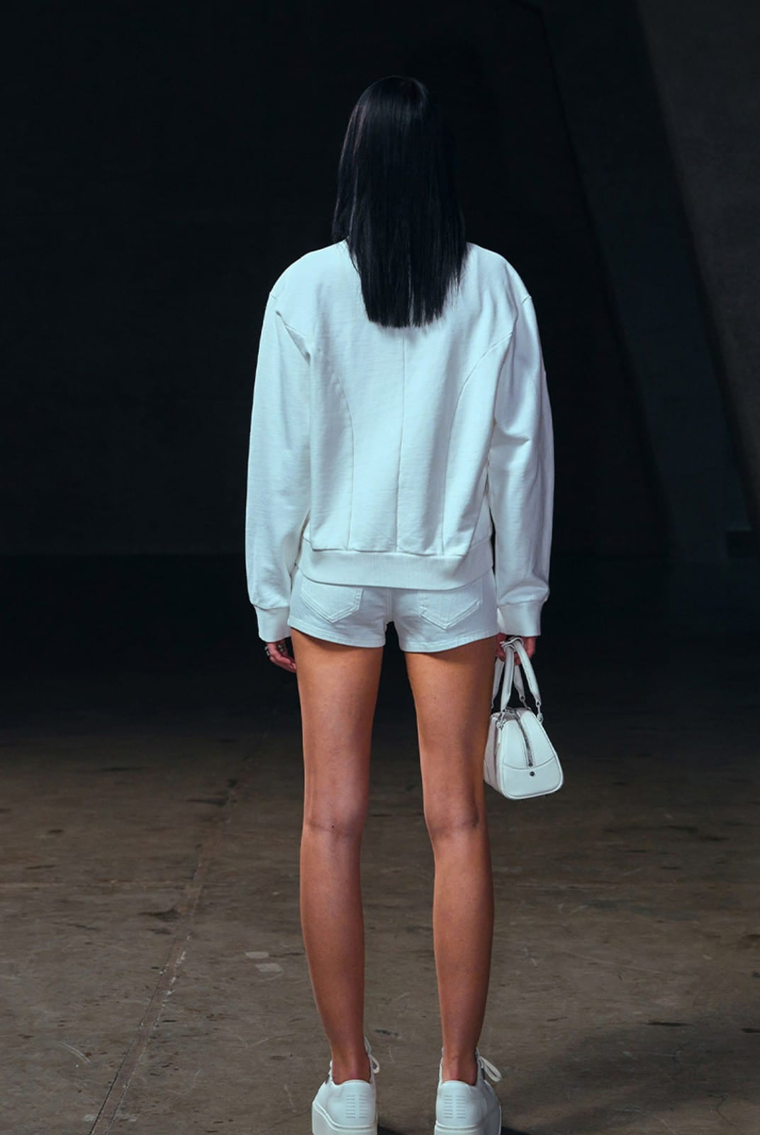 SMFK Asymmetric Zip Cotton Track Jacket in White - On Female Model