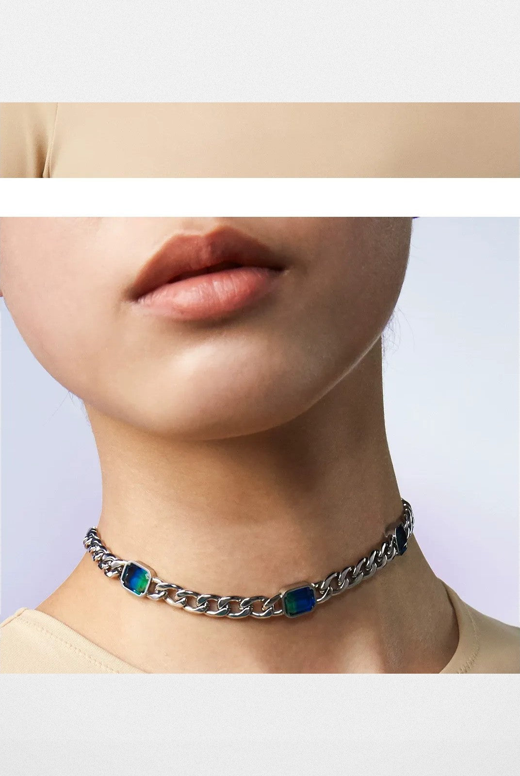 BLACKHEAD Gradient Tourmaline Chain Necklace in Silver - On Female Model