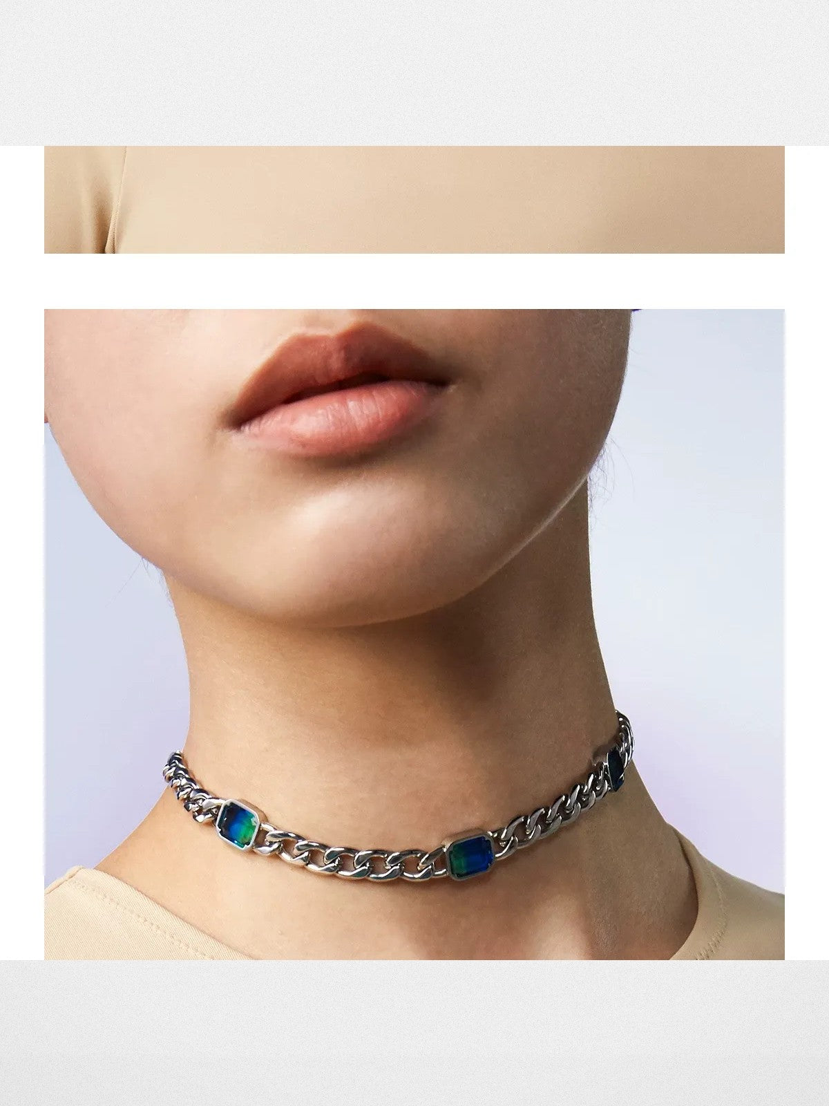 BLACKHEAD Gradient Tourmaline Chain Necklace in Silver - On Female Model