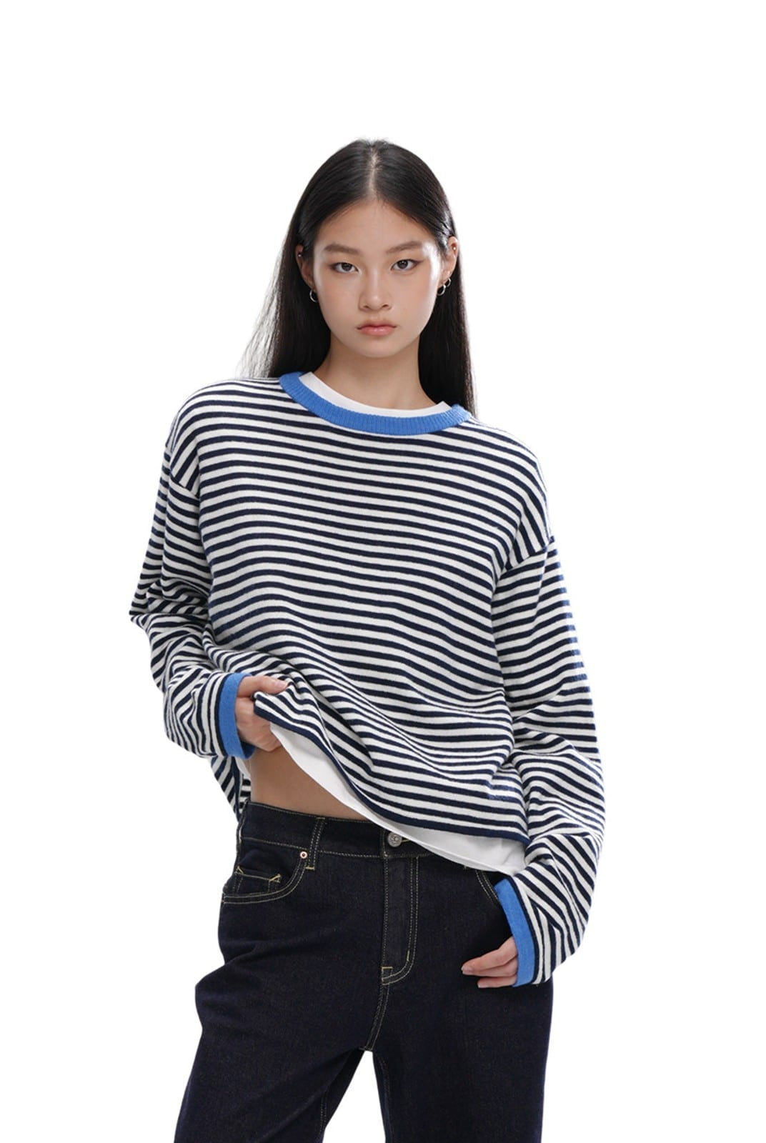 SweetChilling Striped Wool Blend Crewneck Sweater in White - On Female Model