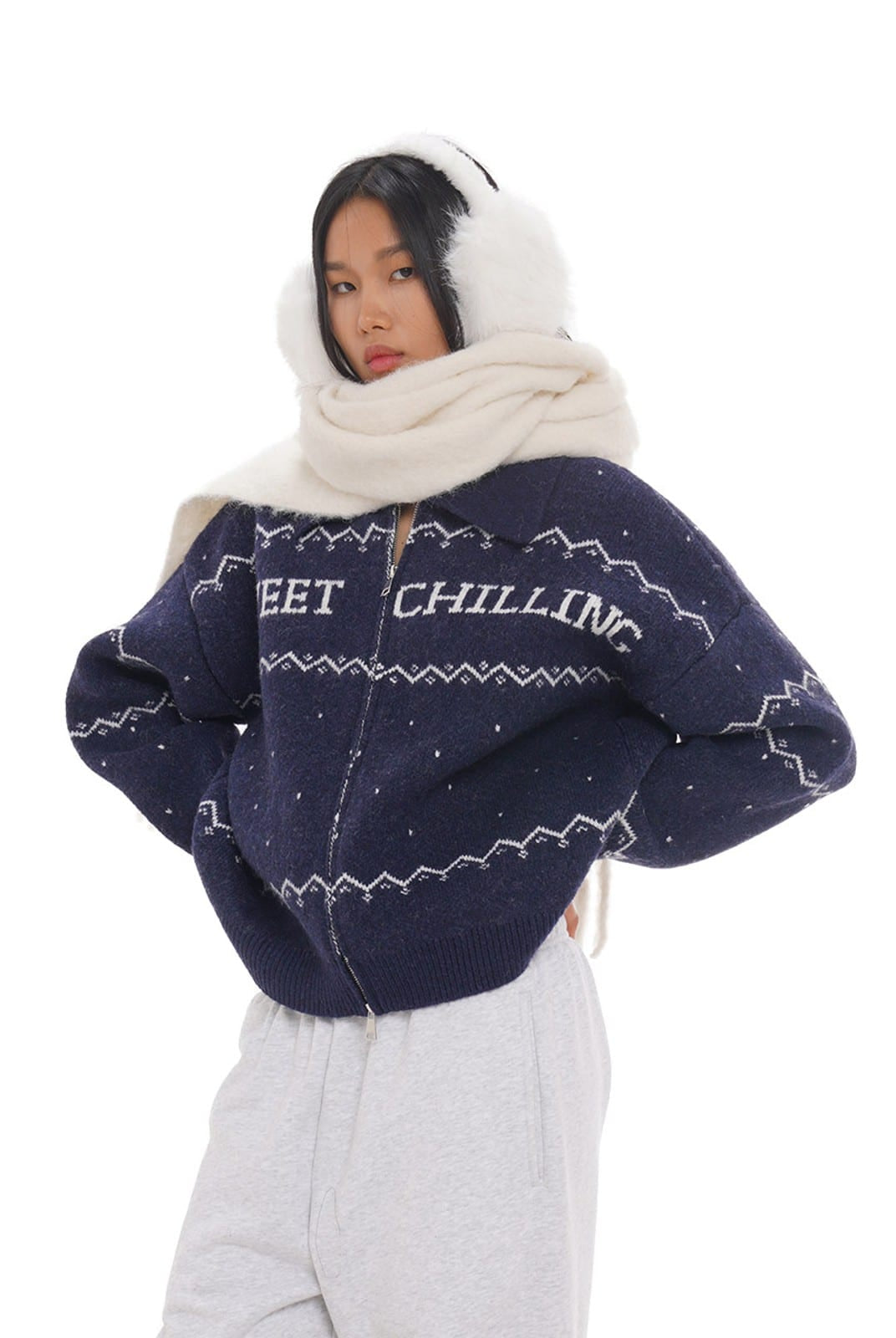 SweetChilling Fair Isle Zip Up Knit Jacket in Navy Blue - On Female Model