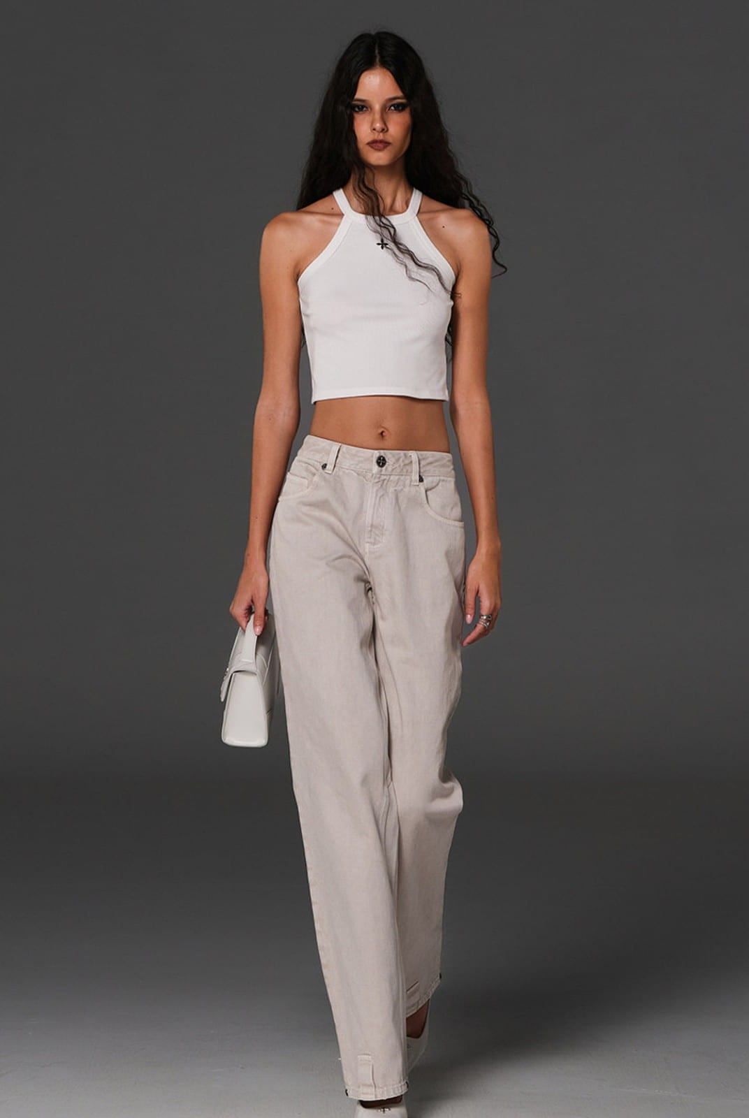 SMFK Vintage Wash Straight Leg Jeans in Light Gray - On Female Model