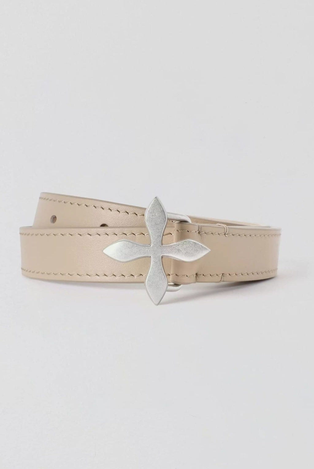 SMFK Slim Leather Belt with Cross Buckle in Beige