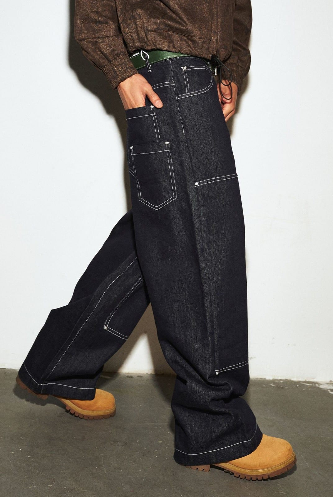 MEDM Contrast Stitch Denim Cargo Jeans in Navy Blue - On Model