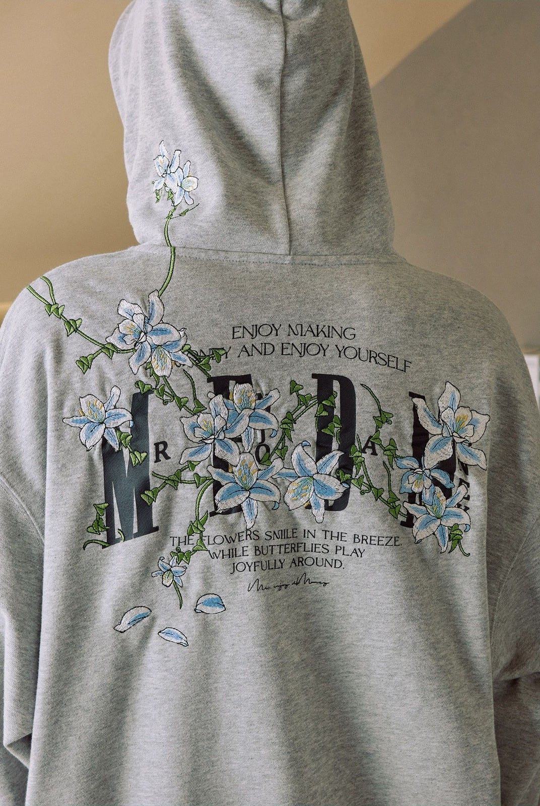 MEDM Floral Embroidered Zip Up Hoodie in Gray - On Model