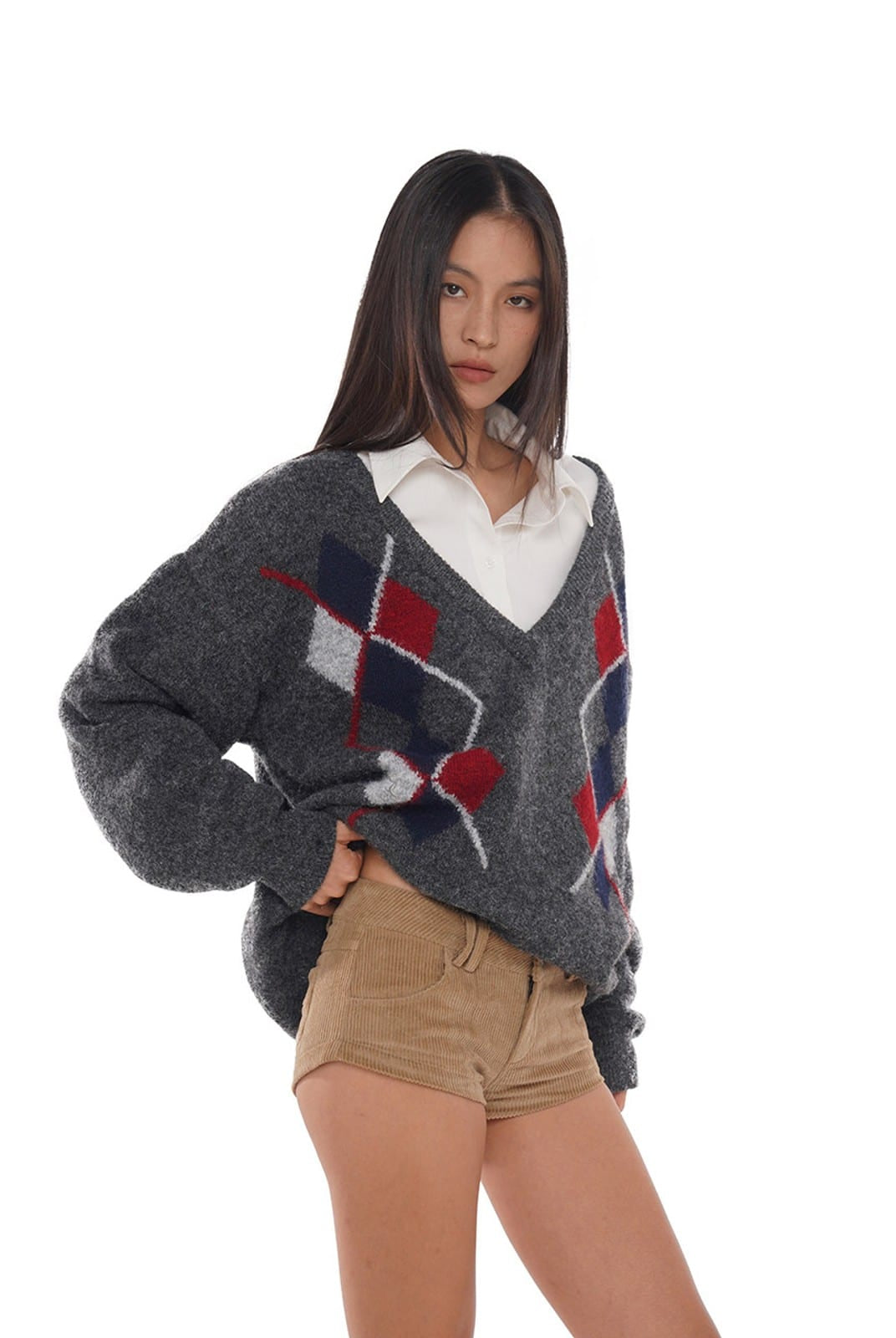 SweetChilling Argyle Jacquard V Neck Sweater in Gray - On Female Model