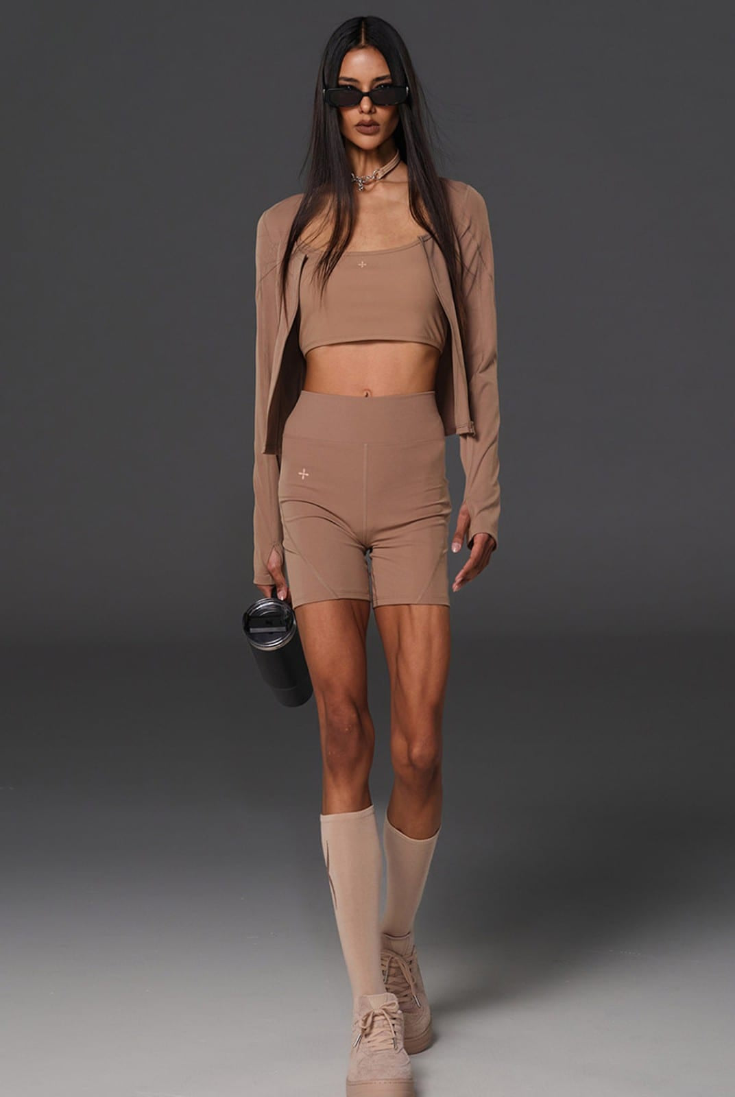 SMFK Scoop Neck Zip Up Sports Jacket in Brown - On Female Model
