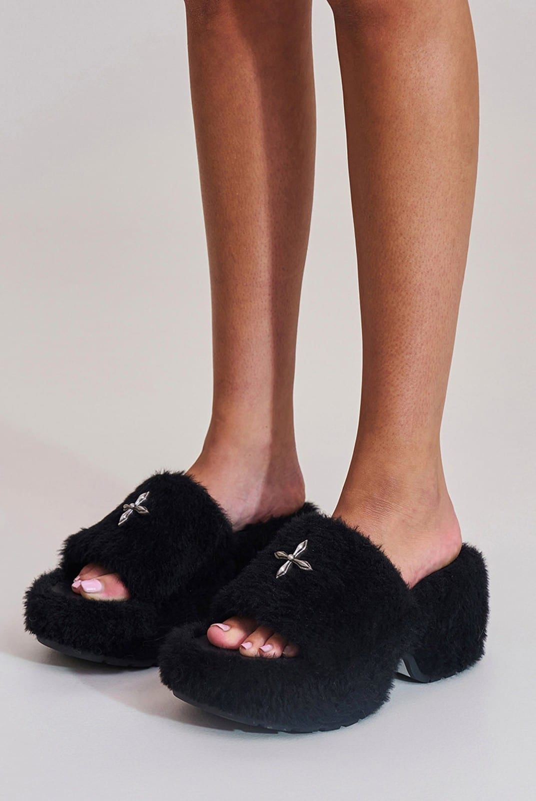 SMFK Cross Hardware Shearling High Heel Mules in Black - On Female Model