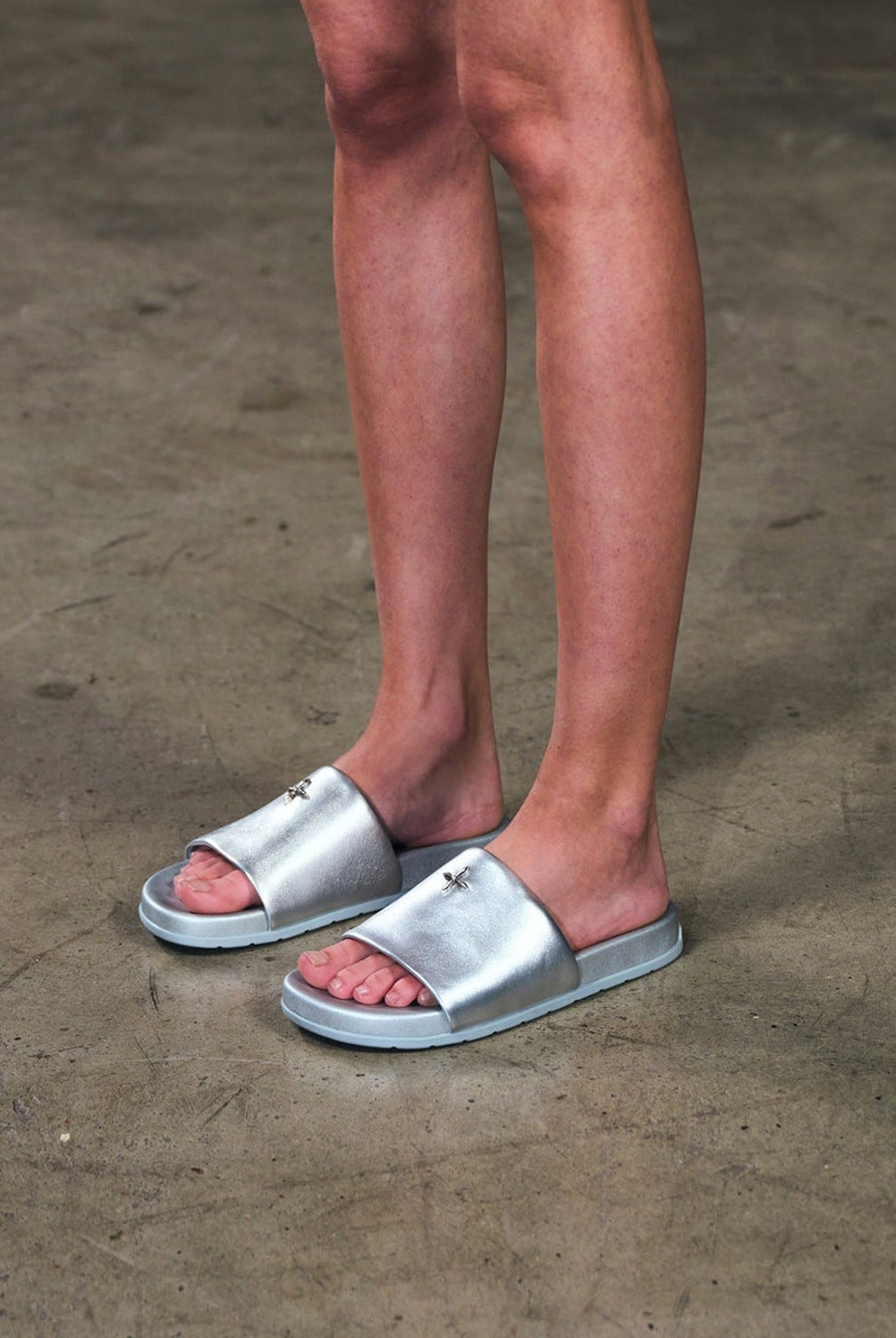 SMFK Leather Cross Detail Slide Sandals in Gray - On Female Model