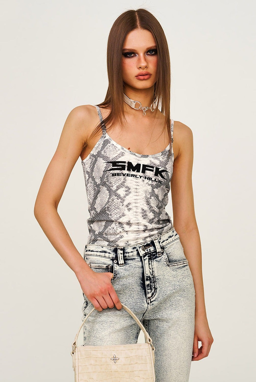 SMFK Small Croc Embossed Leather Shoulder Bag in White - On Female Model