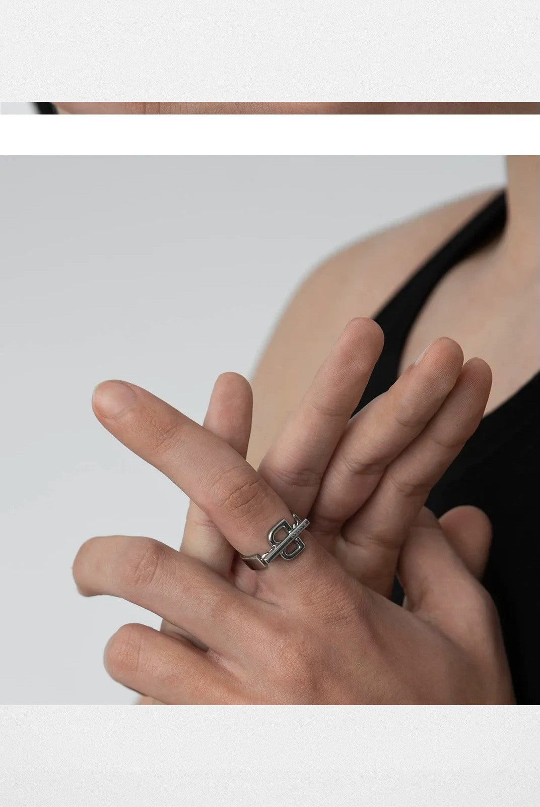 BLACKHEAD Structural Letter B Ring in Gray - On Female Model