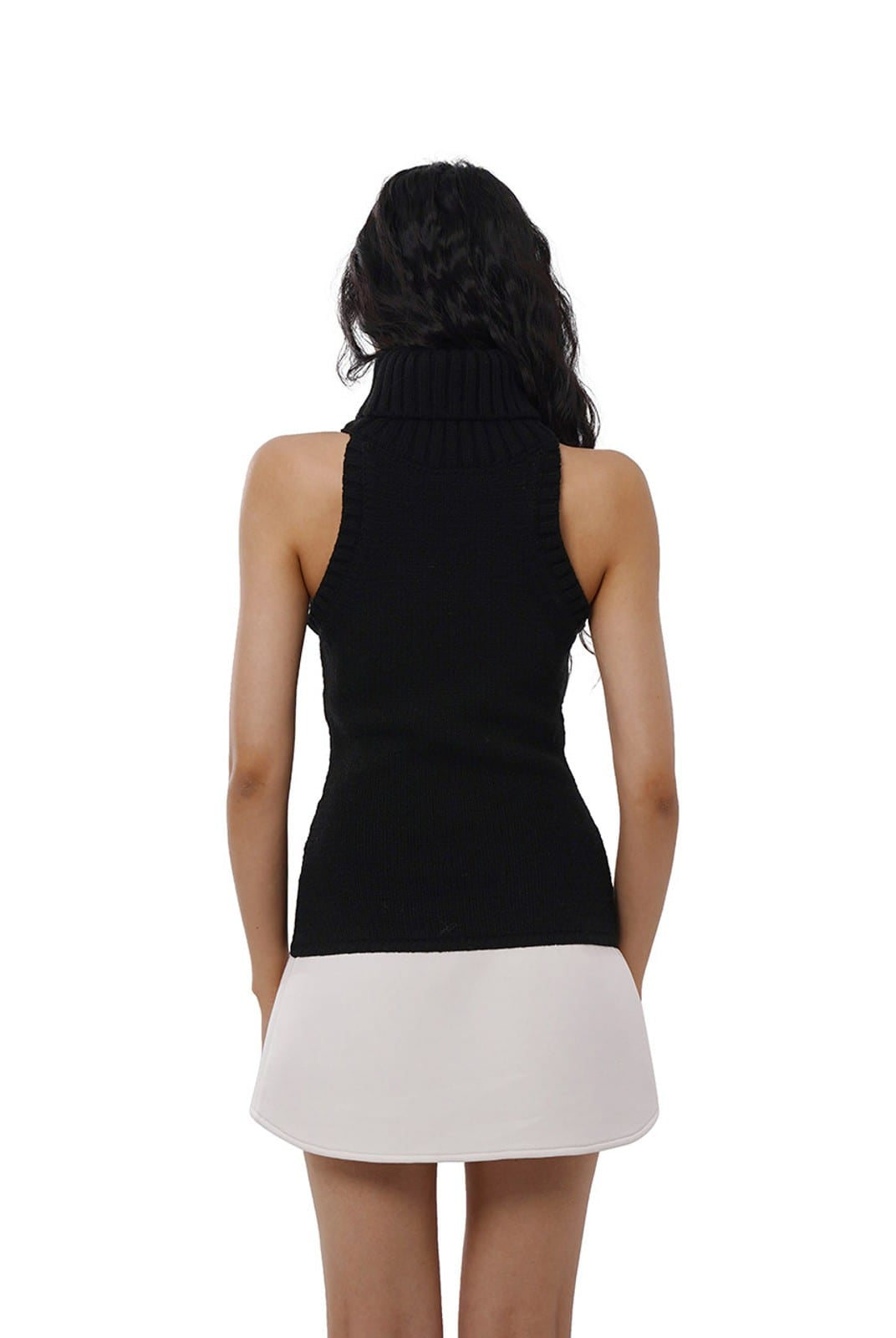 SweetChilling Paneled Cable Knit Turtleneck Dress in Black - On Female Model