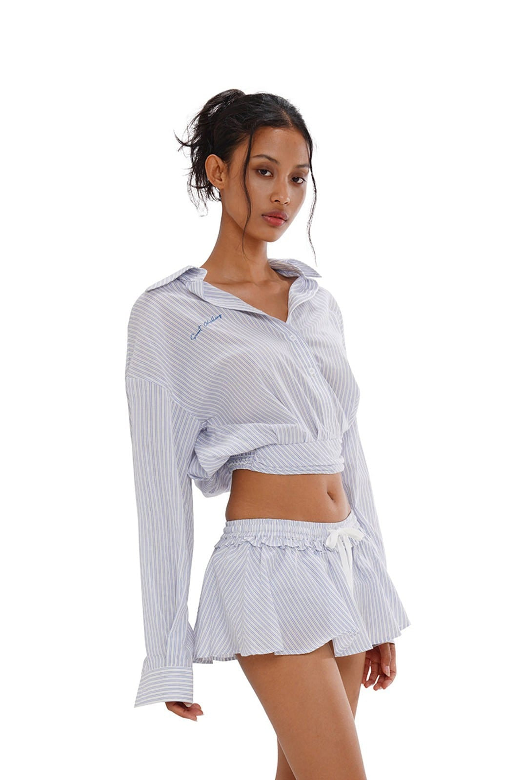 SweetChilling Ruffled Drawstring Mini Skirt in Blue - On Female Model