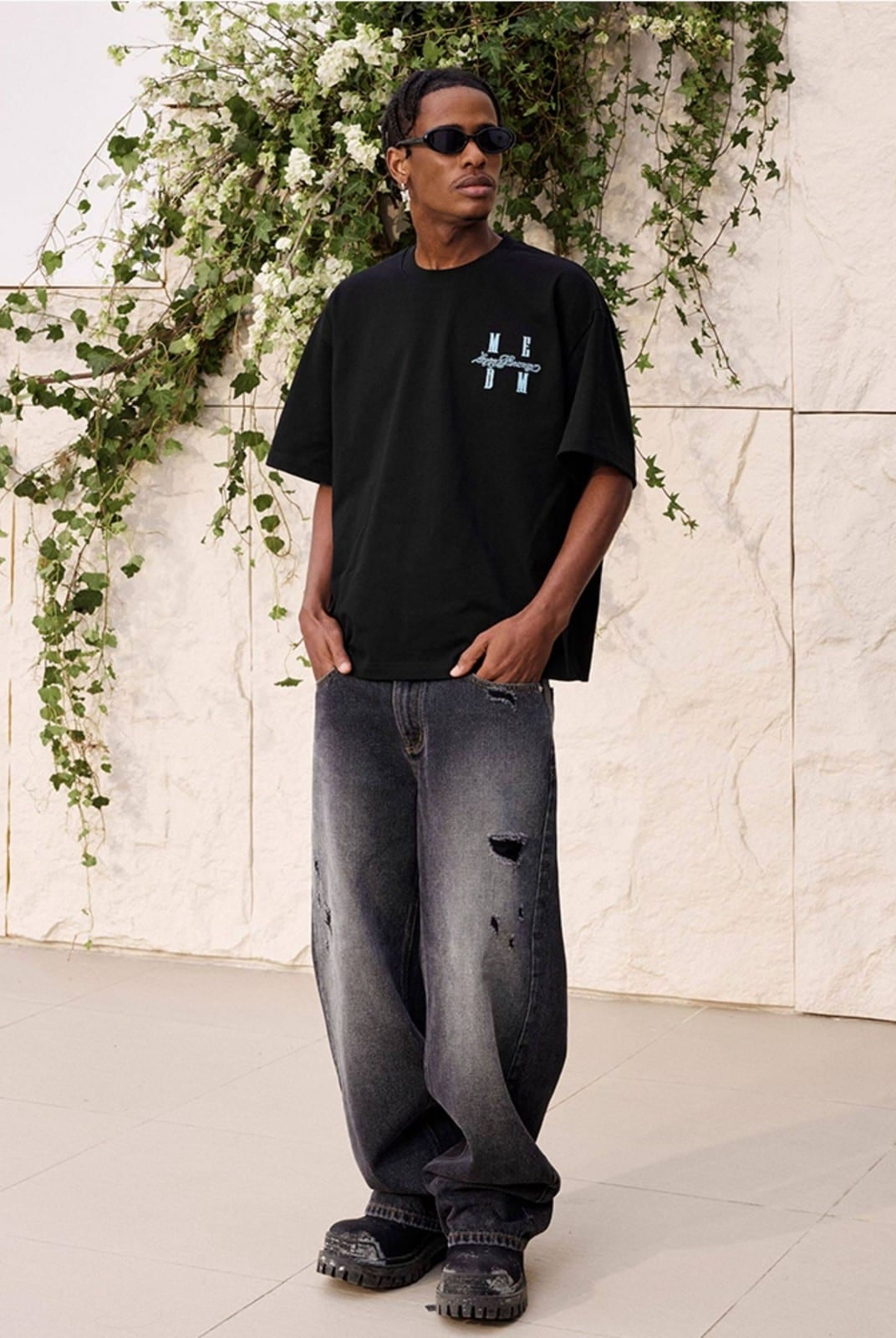 MEDM Tufted Logo Cotton T Shirt in Black - On Male Model