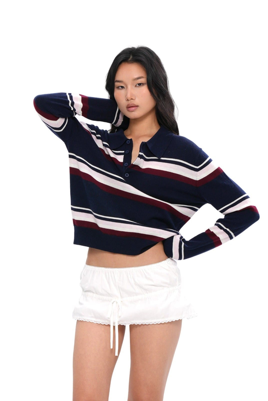 SweetChilling Striped Wool Blend Polo Sweater in Navy Blue - On Female Model