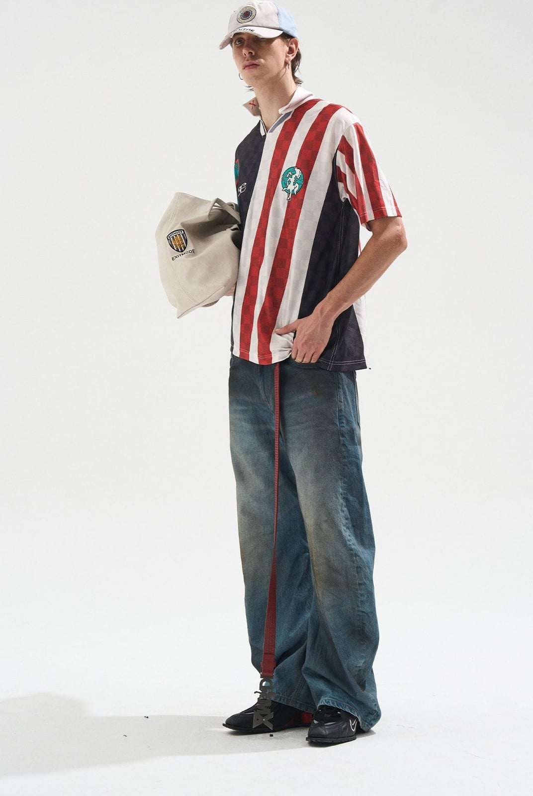 BLINDNOPLAN Digital Print Color Block Jersey Polo in Black - On Male Model
