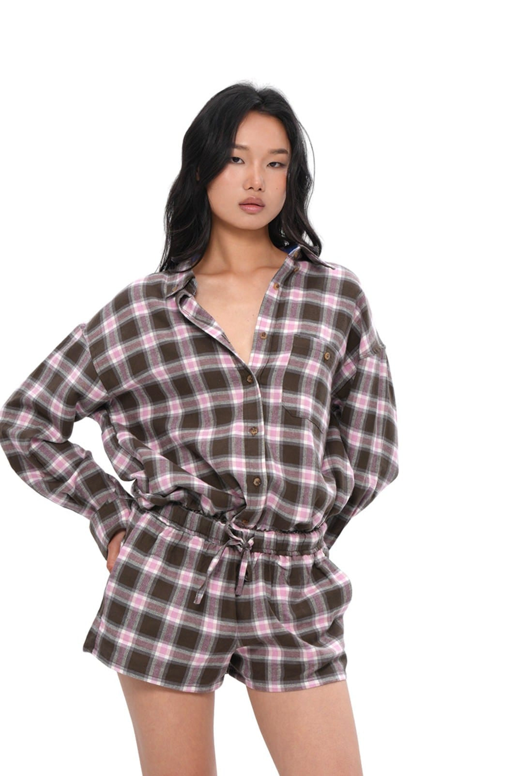 SweetChilling Cotton Plaid Drawstring Shorts in Pink - On Female Model