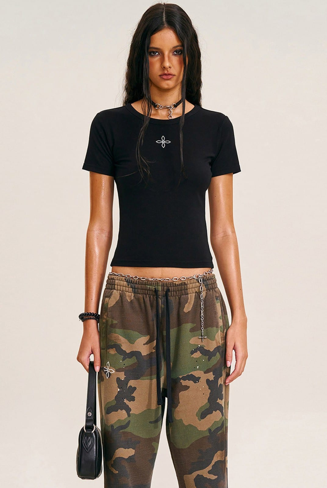 SMFK Acetate Blend Cross Graphic T Shirt in Black - On Female Model
