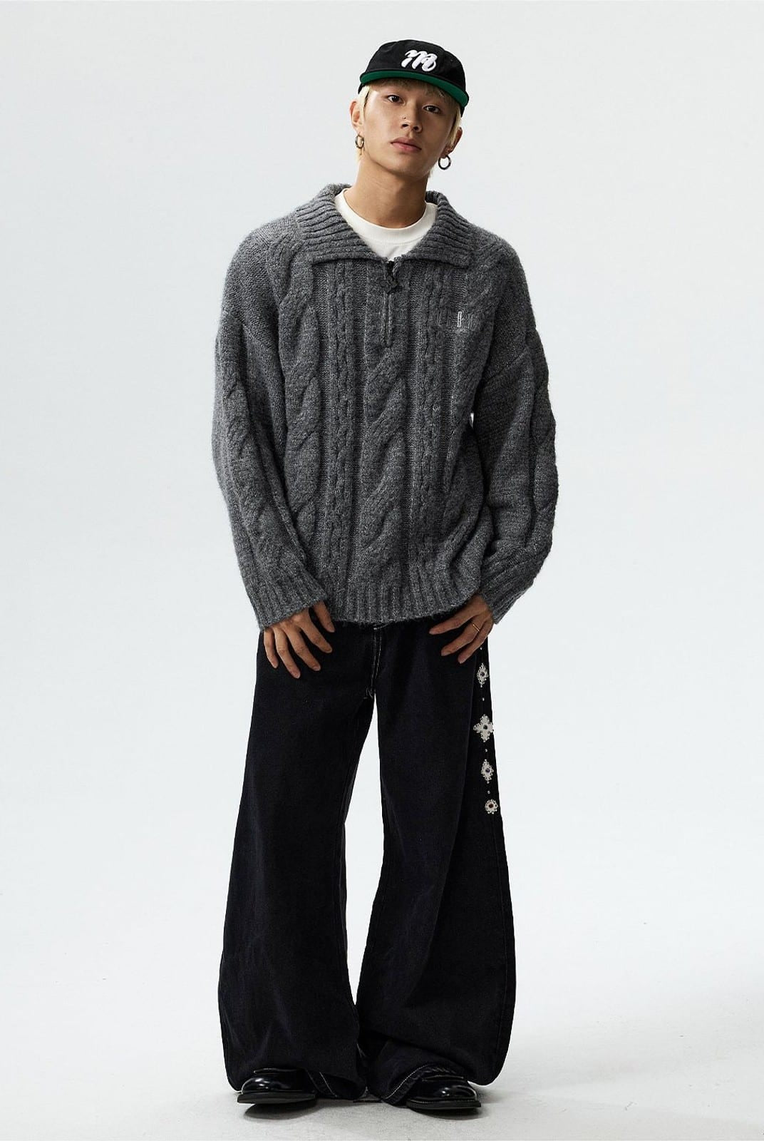 MEDM Cable Knit Quarter Zip Sweater in Gray - On Male Model