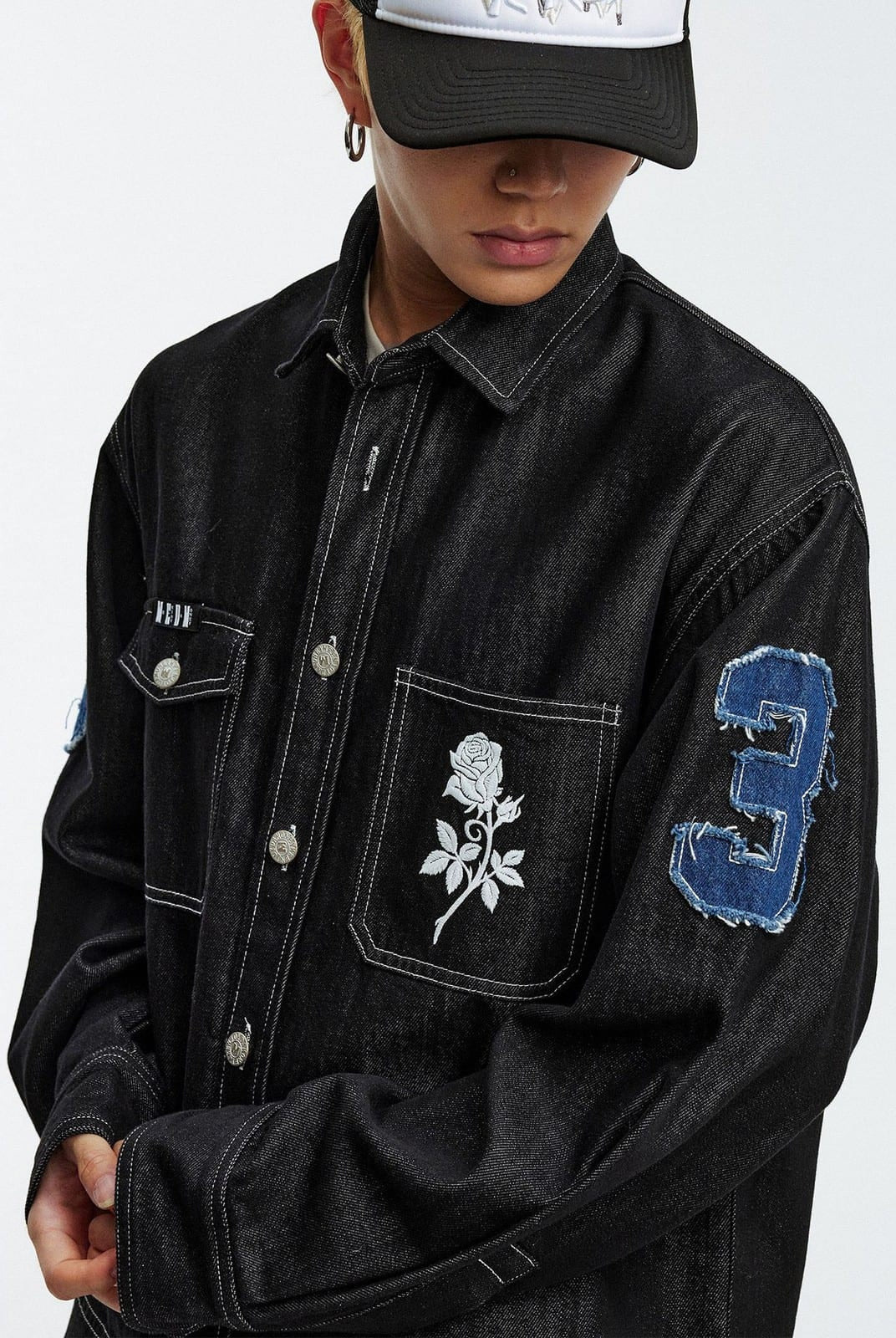 MEDM Lyocell Blend Logo Patch Denim Jacket in Denim - On Male Model