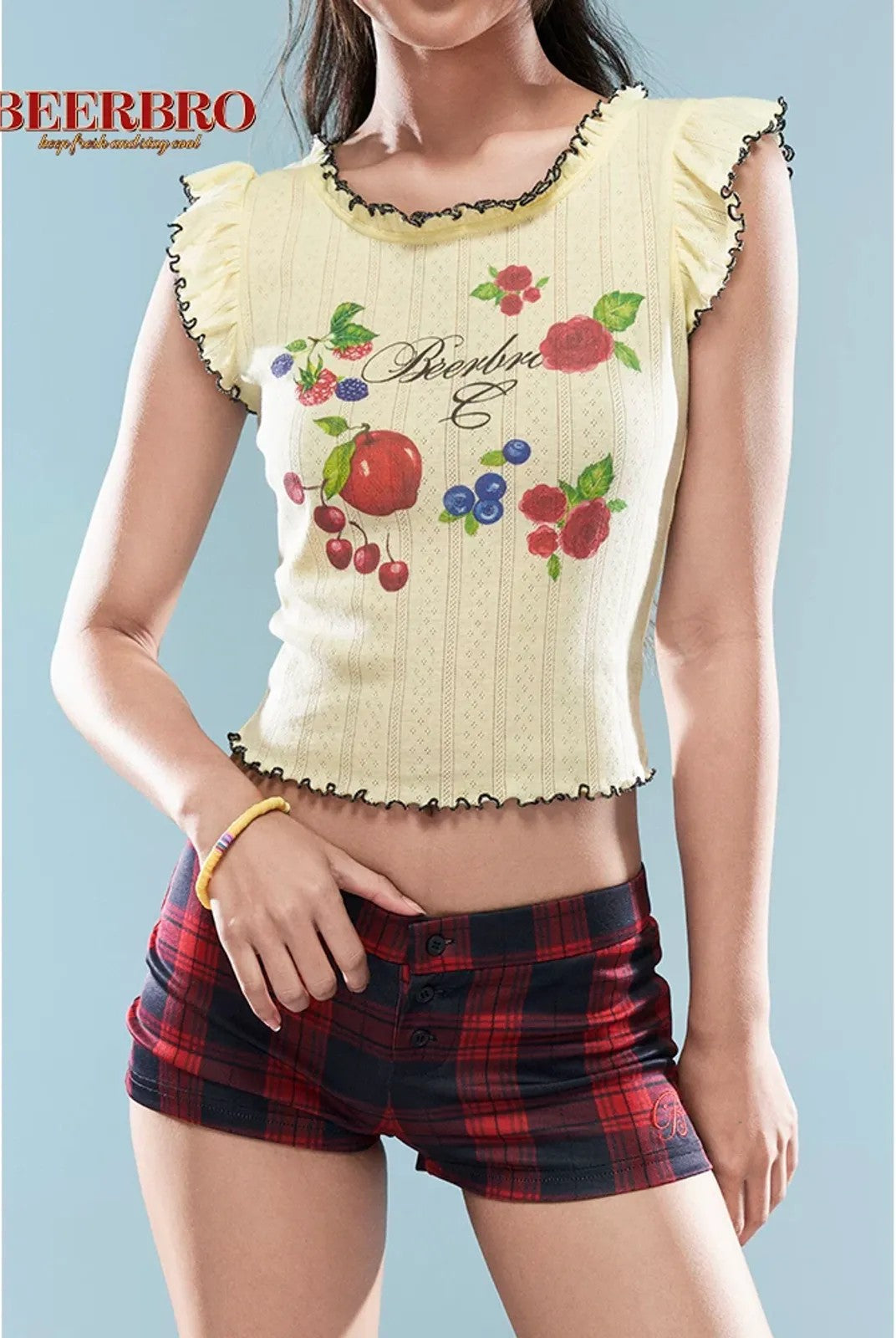 BeerBro Fruit Print Lettuce Edge Crop Top in Yellow - On Female Model