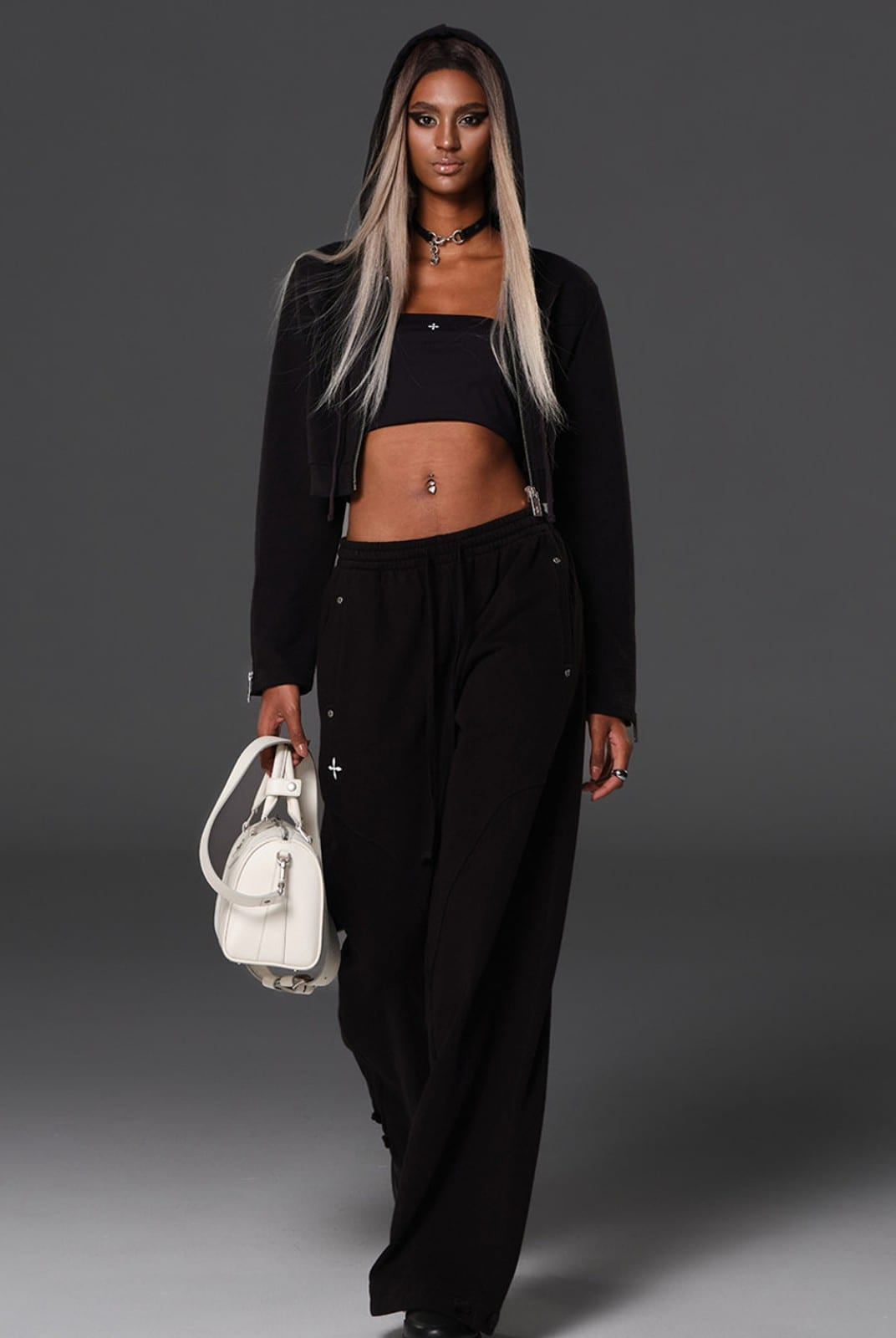 SMFK Cotton Wool Blend Cropped Zip Up Hoodie in Black - On Female Model