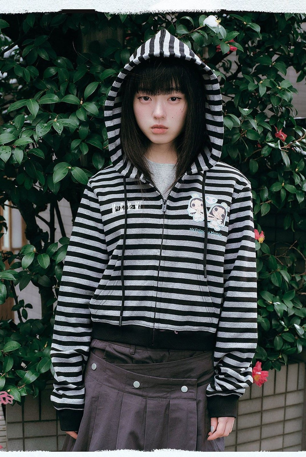 MEDM Cropped Striped Applique Zip Hoodie in Black - On Female Model