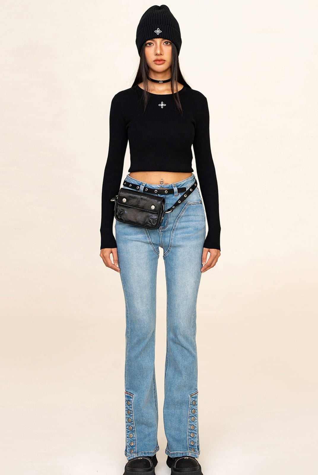 SMFK High Stretch Biker Flare Jeans in Denim - On Female Model