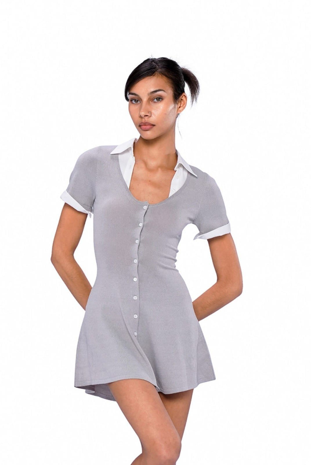 SweetChilling Contrast Collar Knit Mini Dress in Gray - On Female Model