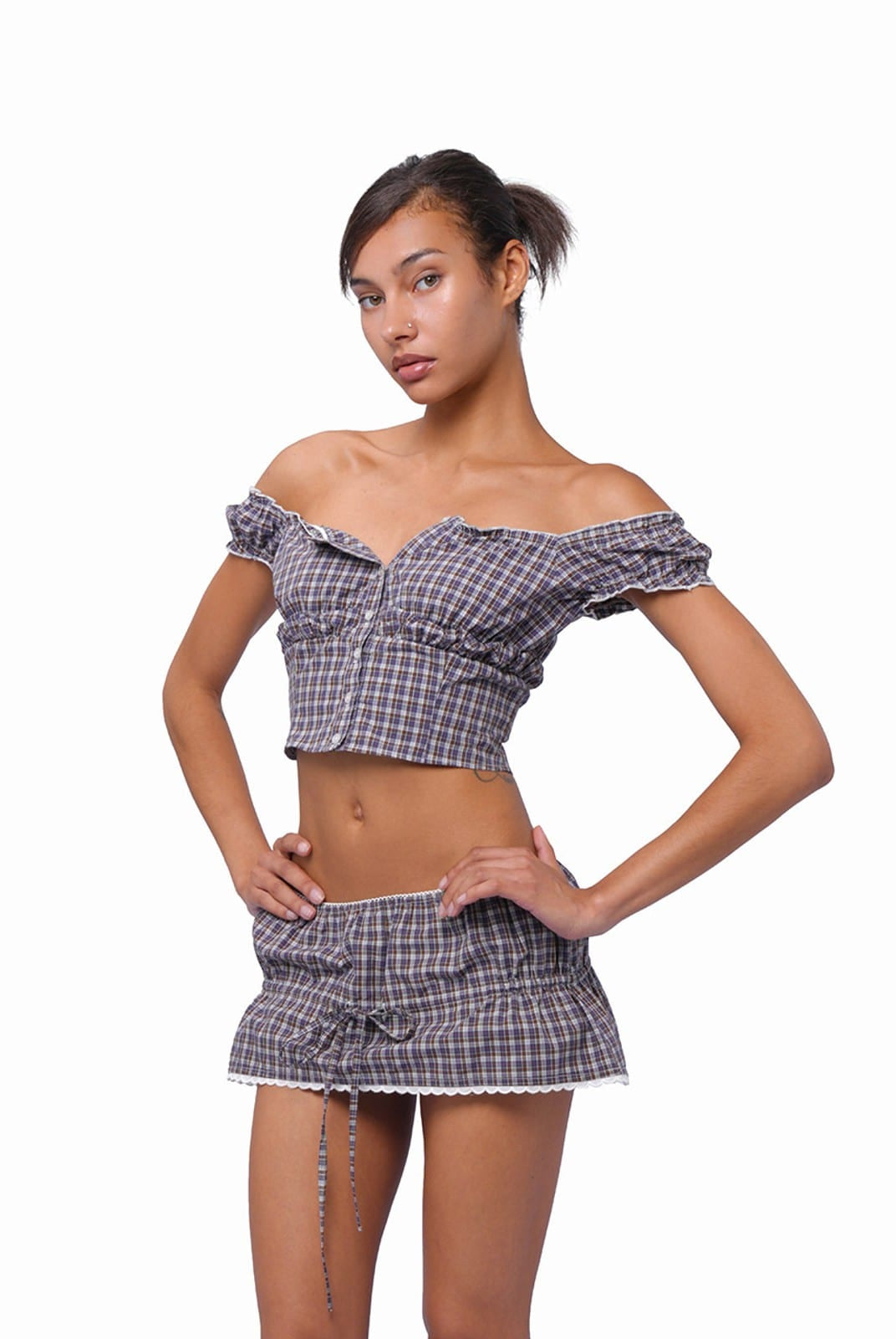 SweetChilling Drawstring Ruffled Mini Skirt in Brown - On Female Model