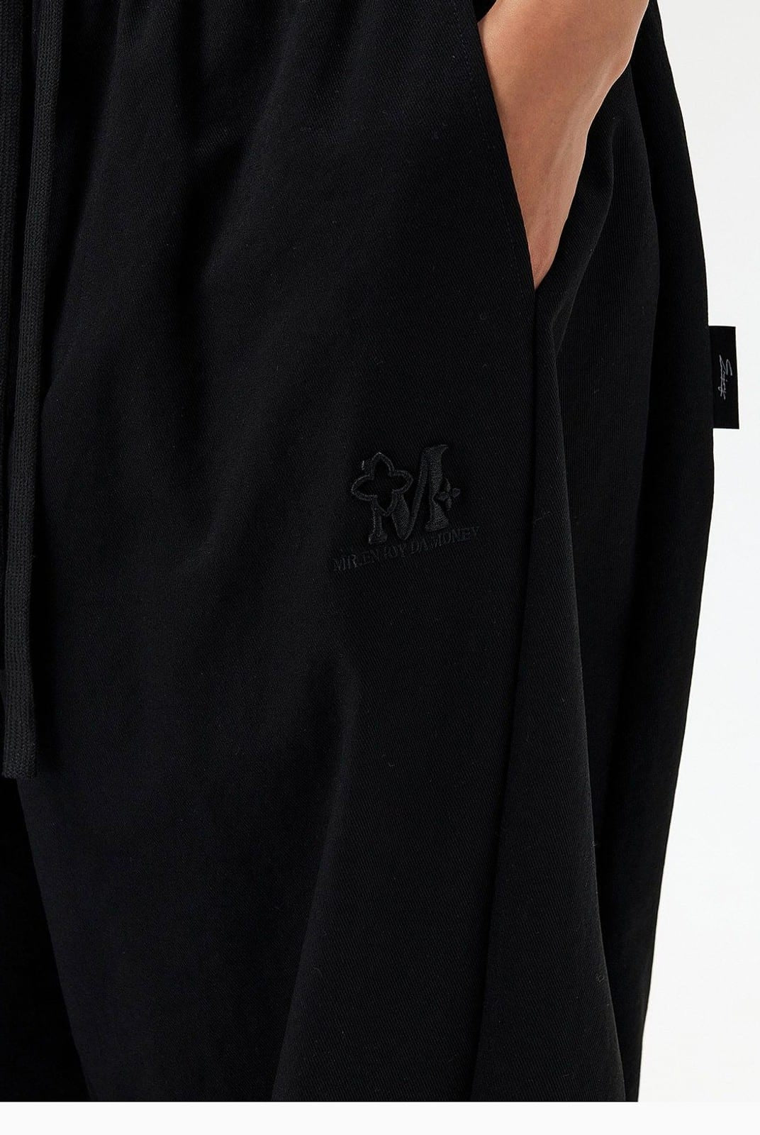 MEDM Spliced Drawstring Wide Leg Trousers in Black - On Model