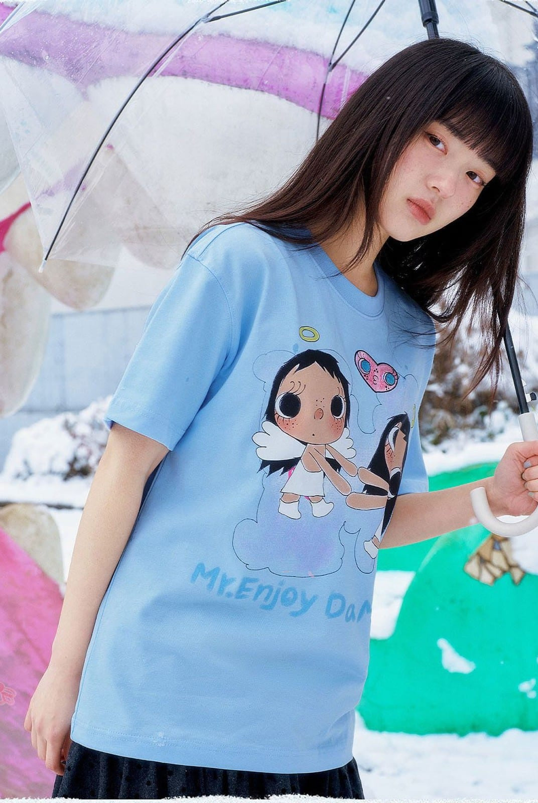 MEDM Embroidered Heart Cotton T Shirt in Sky Blue - On Female Model