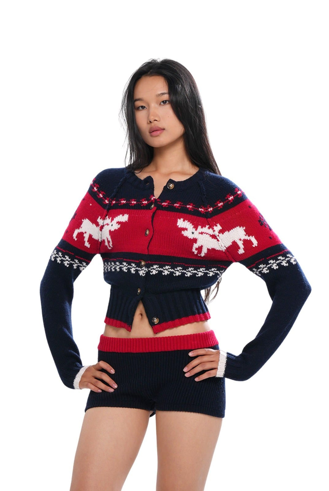 SweetChilling Reindeer Jacquard Wool Blend Cardigan in Navy Blue - On Female Model