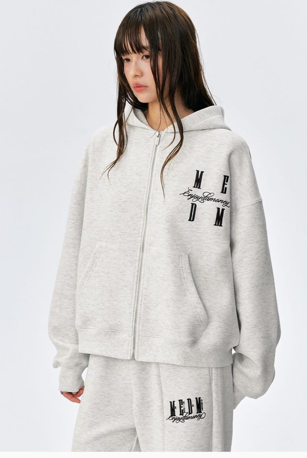 MEDM Embroidered Cotton Blend Zip Up Hoodie in Beige - On Female Model