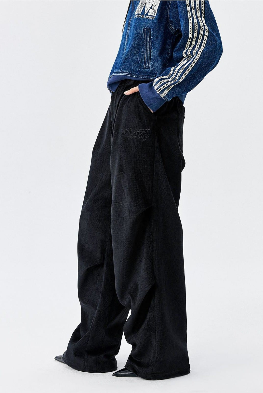 MEDM Wide Leg Parachute Cargo Pants in Black - On Model