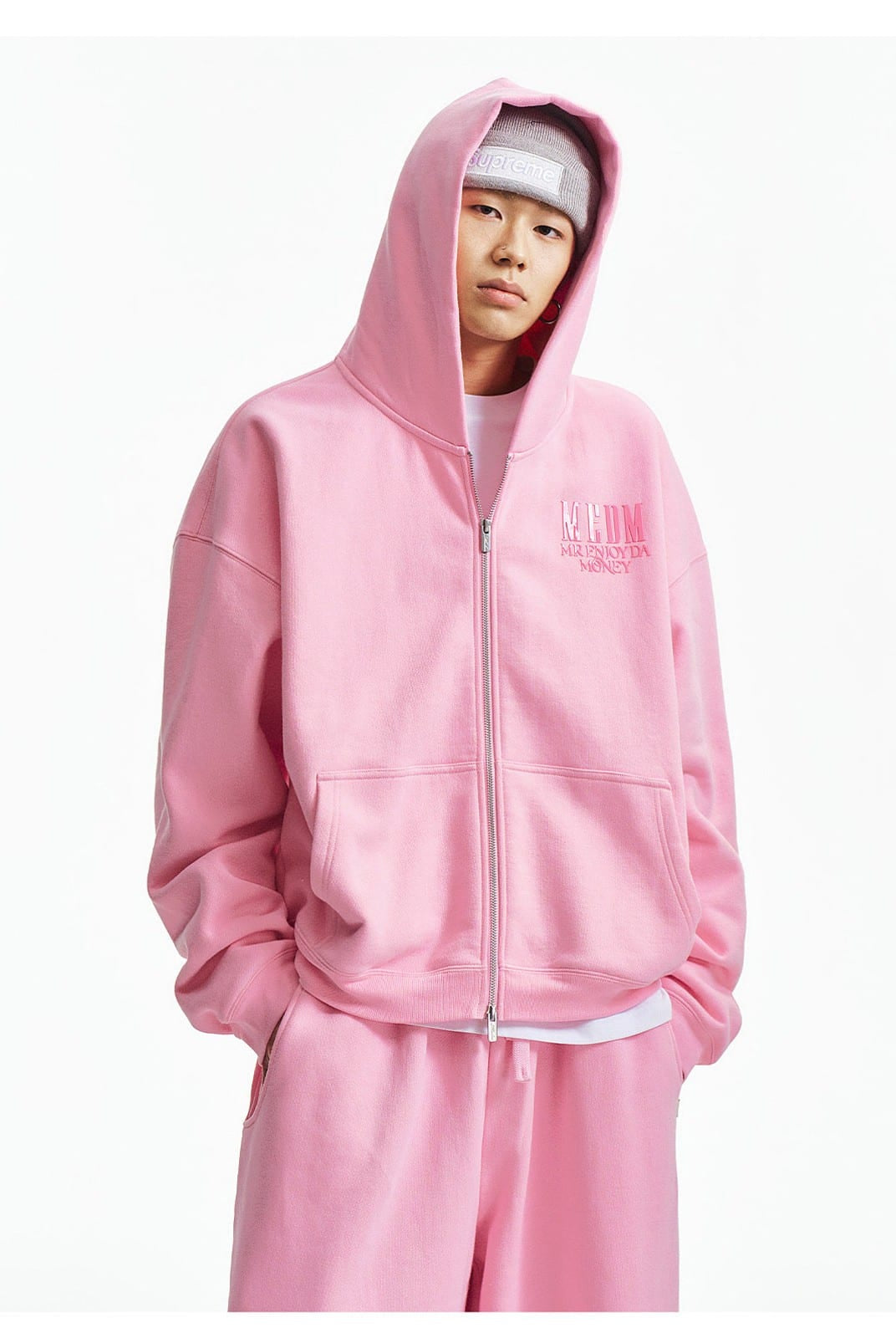 MEDM 3D Logo Two Way Zip Cotton Hoodie in Pink - On Male Model