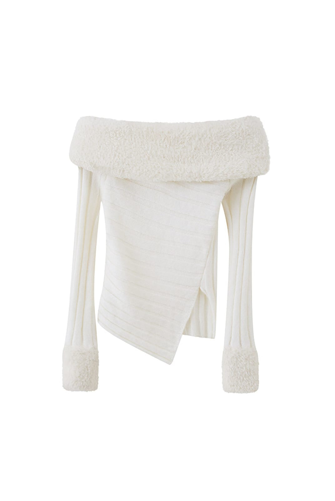 SweetChilling Faux Fur Trim Off The Shoulder Sweater in White