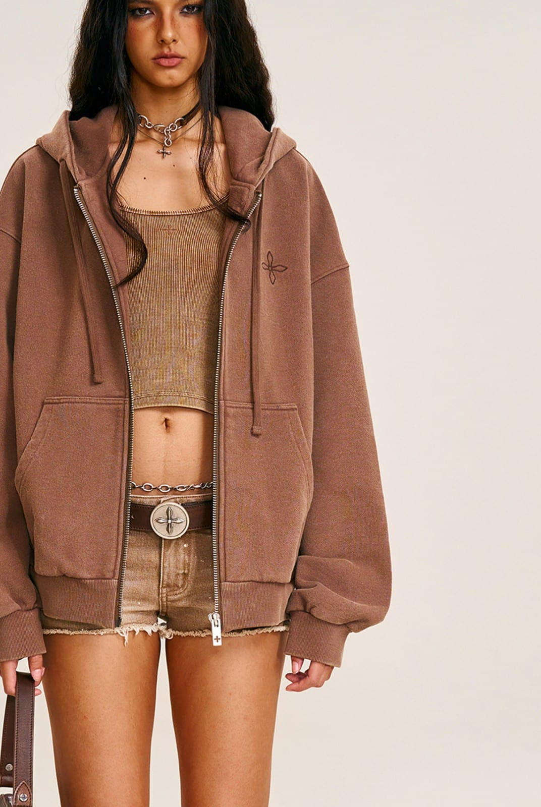 SMFK Cross Embroidered Zip Up Hoodie in Brown - On Female Model